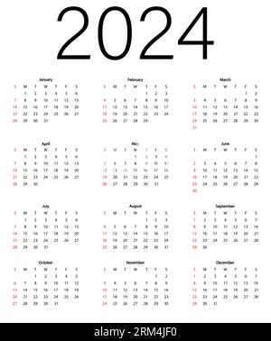 Calendario mensile classico per il 2024. Calendario in stile quadrato minimalista. La settimana inizia domenica. Illustrazione vettoriale Illustrazione Vettoriale