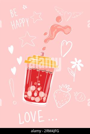 Bubble tea. Sii un biglietto felice. Disegno divertente. Bicchiere da cocktail con cannuccia e schizzi di latte. Gustosa bevanda rosa. Amore e stelle. fla di fragole e lamponi Illustrazione Vettoriale