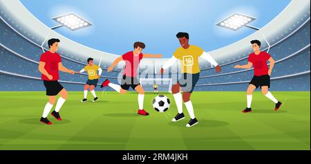 Stadio di calcio. Giocatori in campo sportivo. Partita di calcio. La gente gioca. Squadre. Torneo olimpico. Calciatori. Goal vincente. Illustrazione Vettoriale