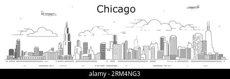 Illustrazione vettoriale di Chicago Cityscape line art Illustrazione Vettoriale