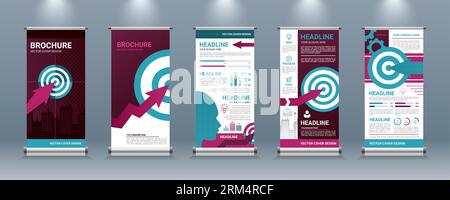 Gli affari vanno avanti. Freccia di crescita verso l'obiettivo. Set di striscioni a stativo. Volantino per la mostra. Supporto astratto con obiettivi principali e di idee. Presentazione del progetto Illustrazione Vettoriale