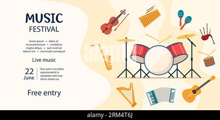 Invito al festival musicale. Strumenti musicali. Chitarra, violino, arpa, dulcimer, maracas, chitarra batteria kit cornamuse sassofono illustrazione vettoriale Illustrazione Vettoriale