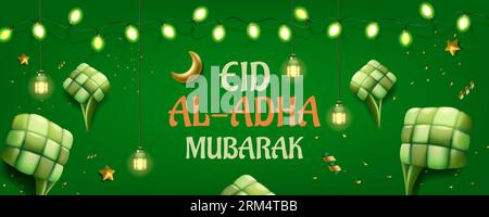 Ketupat 3D. Sfondo verde Ramadan. Lebaran buone vacanze. Decorazione Ramadhan. Festa di Aidilfitri. Light garland. Festa religiosa indonesiana. Illustrazione Vettoriale