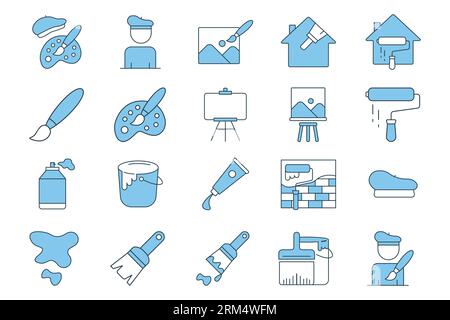 Icona del set di pittura. Contiene icone pennello, tela, pittore, tubi di pittura, ecc. Stile icona linea piatta. Semplice progettazione vettoriale modificabile Illustrazione Vettoriale