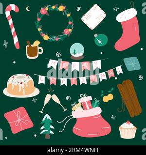 Buon Natale e felice anno nuovo. Albero di Natale, regali, VIN brulé in stile carino. Confezione di elementi. Illustrazione Vettoriale