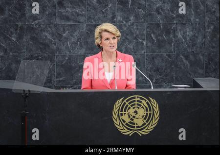 Bildnummer: 60536209 Datum: 27.09.2013 Copyright: imago/Xinhua (130927) -- NEW YORK, 27 settembre 2013 (Xinhua) -- il ministro degli Esteri australiano Julie Bishop parla durante il dibattito generale della 68a sessione dell'Assemblea generale delle Nazioni Unite, presso la sede delle Nazioni Unite a New York, il 27 settembre 2013. (Xinhua/Niu Xiaolei) ASSEMBLEA GENERALE delle Nazioni Unite - DIBATTITO GENERALE PUBLICATIONxNOTxINxCHN People Politik Porträt un Vereinte Nationen Generalversammlung xdp x0x 2013 quer premiumd 60536209 Data 27 09 2013 Copyright Imago XINHUA New York Sept 27 2013 XINHUA Australian Foreign Minister Julie Bishop Spe Foto Stock