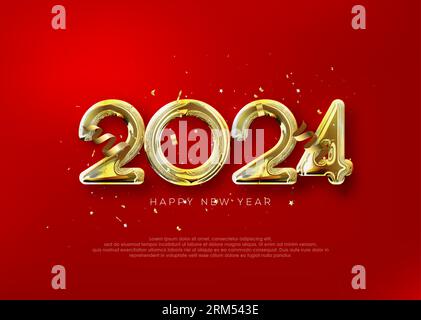 Felice anno nuovo 2024, con illustrazioni di palloncini dorati di lusso. Illustrazione Vettoriale