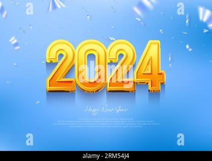 2024 sfondo felice anno nuovo, numeri 3d gialli su sfondo blu brillante. Illustrazione Vettoriale