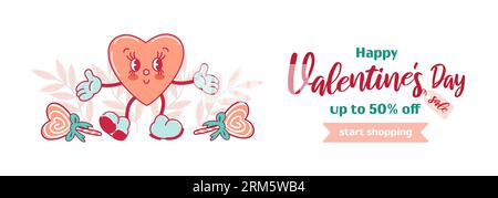 Banner orizzontale per San Valentino. Simpatico e simpatico personaggio con cuore sorridente e volto. Elementi comici in stile cartoni animati retrò alla moda. Per la pubblicità, Illustrazione Vettoriale