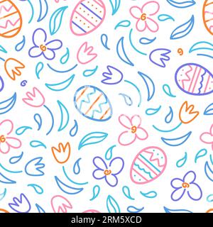 Buona pasqua. Uova al cioccolato senza cuciture e fiori primaverili. Stile Doodle. Per carta da parati, stampa su tessuto, confezionamento, Illustrazione Vettoriale