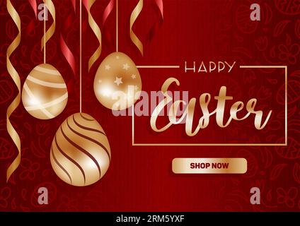Buona pasqua. Dorato e rosso, ghirlanda di uova al cioccolato e nastri. Modello Doodle, stelle, strisce. Illustrazione vettoriale orizzontale in vendita, realisti Illustrazione Vettoriale