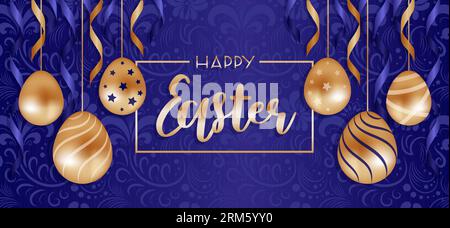 Buona pasqua. Oro e blu, ghirlanda di uova di cioccolato e nastri. Motivo vintage in stile russo. Khokhloma. Illustrazione del vettore orizzontale per Illustrazione Vettoriale
