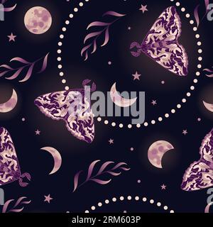 Elegante motivo senza cuciture in stile boho con erbe e farfalle. Sfondo magico, elementi spaziali viola, stella, luna. Halloween, stregoneria, astrolo Illustrazione Vettoriale