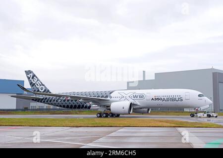 (140102) -- TOLOSA, 2 gennaio 2014 (Xinhua) -- la foto fornita dal gruppo Airbus mostra l'A350 MSN2 con una speciale livrea di carbonio che si vede nello stabilimento di Tolosa, nel sud della Francia, 2 gennaio 2014. Airbus ha lanciato il suo terzo aeromobile A350 XWB, MSN2, dal negozio di verniciatura di Tolosa, segnando un'altra pietra miliare di successo sulla strada per l'entrata in servizio nel quarto trimestre del 2014. Oltre a presentare una caratteristica livrea Carbon Signature che riflette la sua costruzione primaria con materiali avanzati, questo aeromobile è anche il primo di due aeromobili di prova in volo A350 ad essere equipaggiato con un passeggero completo c Foto Stock