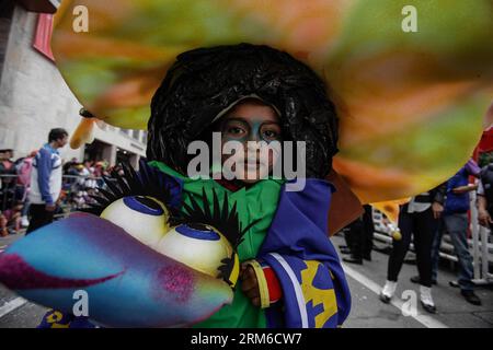 (140103) -- PASTO, 3 gennaio 2014 (Xinhua) -- bambini provenienti da diverse scuole di danza e arte partecipano al secondo giorno del Carnevale dei bambini, nella città di pasto, Colombia, il 3 gennaio 2014. Il carnevale detto anche Carnavalito , che si svolge durante il Carnevale dei neri e dei bianchi dal 2 al 7 gennaio, è una delle principali celebrazioni della Colombia ed è stata dichiarata patrimonio culturale immateriale dell'umanità dal comitato dell'Organizzazione delle Nazioni Unite per l'educazione, la scienza e la cultura (UNESCO) nel 2009. (Xinhua/Jhon Paz) COLOMBIA-PASTO-CULTURE-CARNIVAL PUBLICATIONxNOTxINxCHN PAS Foto Stock