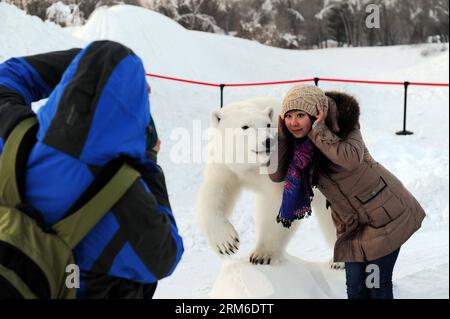 (140106) -- HARBIN, 6 gennaio 2014 (Xinhua) -- Una donna posa per una foto con un orso polare imbottito esposto all'International Snow Sculpture Expo di Harbin, capitale della provincia di Heilongjiang nella Cina nordorientale, 6 gennaio 2014. (Xinhua/Wang Song) (cjq) CHINA-HARBIN-STUFFED POLAR Bears (CN) PUBLICATIONxNOTxINxCHN Harbin Jan 6 2014 XINHUA una donna posa per una foto con un orso polare ripieno esposto ALL'International Snow Sculpture EXPO di Harbin capitale della provincia di Heilongjiang del nord-est della Cina 6 gennaio 2014 XINHUA Wang Song China Harbin Stuffed Polar Bears CN PUBLICATIONxNOTxINxCHN Foto Stock