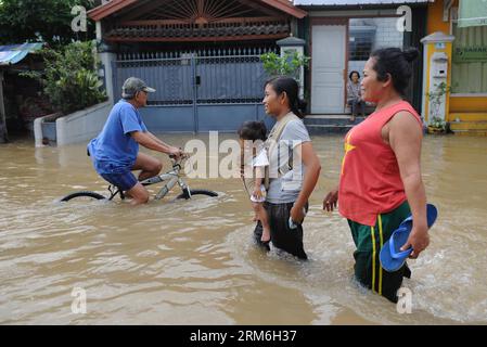 (140113) -- GIACARTA, 13 gennaio 2014 (Xinhua) -- le persone si sono imbattute in una strada allagata a Tangerang, provincia di Banten, Indonesia, 13 gennaio 2014. (Xinhua/Zulkarnain) INDONESIA-BANTEN-FLOOD PUBLICATIONxNOTxINxCHN Giacarta 13 gennaio 2014 XINHUA Celebrities Calf attraverso una strada allagata nella provincia di Banten Indonesia 13 gennaio 2014 XINHUA Indonesia Banten Flood PUBLICATIONxNOTxINxCHN Foto Stock