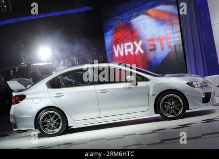 (140114) -- DETROIT, 14 gennaio 2014 (Xinhua) -- la Subaru WRX STI è stata introdotta durante l'anteprima stampa del North American International Auto Show (NAIAS) 2014 a Detroit, negli Stati Uniti, 14 gennaio 2014. (Xinhua/Zhang Jun) US-DETROIT-AUTO SHOW-NAIAS PUBLICATIONxNOTxINxCHN Detroit 14 gennaio 2014 XINHUA la Subaru WRX STI VIENE introdotta durante la Press Preview del North American International Car Show NAIAS 2014 a Detroit negli Stati Uniti 14 gennaio 2014 XINHUA Zhang jun U.S. Detroit Car Show NAIAS PUBLICATIONxNOTxINCHN Foto Stock