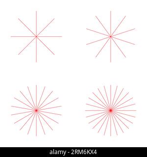Insieme di linee radianti convergenti icona burst, elemento sunburst geometrico, illustrazione del vettore della forma del sole . Illustrazione Vettoriale
