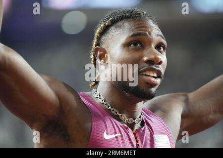 Budapest, Hongrie. 25 agosto 2023. Noah Lyles (USA) medaglia d'oro, uomini 200 M durante i Campionati mondiali di atletica leggera 2023 il 25 agosto 2023 al Nemzeti Atletikai Kozpont di Budapest, Ungheria - foto Laurent Lairys/DPPI Credit: DPPI Media/Alamy Live News Foto Stock