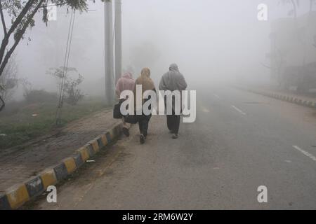 (140131) -- LAHORE, 31 gennaio 2014 (Xinhua) -- cammino pakistano nella nebbia pesante nel Pakistan orientale S Lahore, 31 gennaio 2014. Almeno quattro persone sono rimaste uccise e altre 27 ferite in incidenti stradali legati alla nebbia in diverse parti della provincia del Punjab, hanno riferito i media locali. (Xinhua/Jamil Ahmed)(ctt) PAKISTAN-LAHORE-WEATHER-FOG PUBLICATIONxNOTxINxCHN Lahore gennaio 31 2014 XINHUA Pakistanis Walk in Heavy Fog in Eastern Pakistan S Lahore gennaio 31 2014 almeno quattro celebrità sono state UCCISE e altre 27 ferite in incidenti stradali RELATIVI ALLA nebbia in diverse parti della provincia del Punjab i media locali hanno riferito XINH Foto Stock