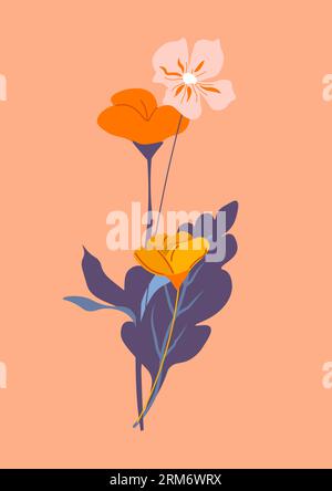 Fiori selvatici minimalisti in fiore, bouquet flora Illustrazione Vettoriale