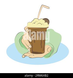 mani in primo piano che tengono il caffè freddo o il latte in una tazza di plastica da asporto con illustrazione a forma di panna montata disegnata a mano isolata su sfondo bianco Illustrazione Vettoriale