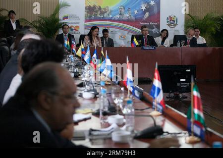 (140219) -- CARACAS, 19 febbraio 2014 (Xinhua) -- il ministro degli affari esteri venezuelano Elias Jaua (C, Back) partecipa a un incontro con gli ambasciatori della Comunità degli Stati latino-americani e dei Caraibi (CELAC), a Caracas, capitale del Venezuela, il 19 febbraio 2014. (Xinhua/Boris Vergara) VENEZUELA-CARACAS-POLITICS-ELIAS JAUA PUBLICATIONxNOTxINxCHN Caracas 19 febbraio 2014 XINHUA ministri degli affari esteri venezuelani Elias C Back partecipa a un incontro con gli ambasciatori della Comunità degli Stati latinoamericani e caraibici a Caracas capitale del Venezuela IL 19 febbraio 2014 XINHUA Boris Vergar Foto Stock