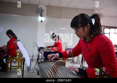 (140221) -- NANCHANG, 21 febbraio 2014 (Xinhua) -- gli studenti imparano a suonare l'zither cinese in classe presso la Yuzhang Academy di Nanchang, capitale della provincia del Jiangxi della Cina orientale, 20 febbraio 2014. L'Accademia di Yuzhang è stata una delle antiche accademie cinesi di studi classici e ha una storia di oltre mille anni. Nel 2011, l'accademia ha ricominciato ad iscrivere studenti interessati alla cultura tradizionale, nonché a coloro che sono dipendenti da Internet, stanchi di studiare e qualsiasi altro giovane che abbia bisogno di aiuto, fornendo programmi di studio tradizionali tra cui calligrafia, boxe ombra, cerimonia del tè, ecc.. (X Foto Stock