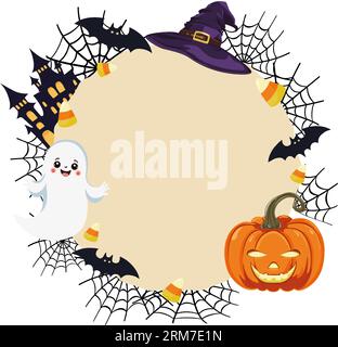 Cornice rotonda con oggetti per Halloween. Zucca lanterna tenero ragno fantasma ragnatela infestata casa caramelle mais pipistrello. Per badge, cartoline, inviti, banner Illustrazione Vettoriale