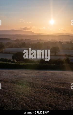 Immagine nebulosa del tramonto con raggi del sole e bagliori di sole sui campi nella campagna inglese Foto Stock