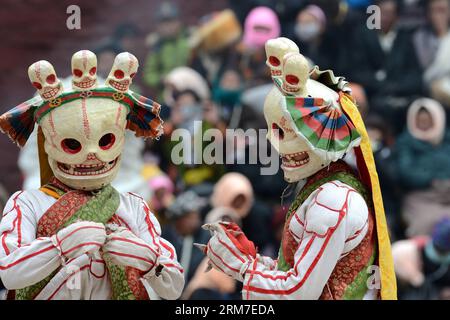 (140228) -- LHASA, 28 febbraio 2014 (Xinhua) -- due monaci buddhisti tibetani mascherati si esibiscono durante un rituale di danza Cham tenuto per celebrare l'imminente Losar al monastero di Tsurphu nella contea di Lhasa, capitale della regione autonoma tibetana sud-occidentale della Cina, 28 febbraio 2014. La danza Cham è un rituale eseguito dai monaci buddisti tibetani per esorcizzare gli spiriti maligni. I ballerini indossano maschere di vari animali e figure mitiche mentre si esibiscono con l'accompagnamento della musica religiosa. Al monastero di Tsurphu, una base principale della scuola Kagyu nel buddismo tibetano, la danza Cham è di solito performe Foto Stock