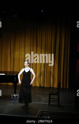 (140309) -- FRANCOFORTE, 9 marzo 2014 (Xinhua) -- l'alto tedesco Ruth Zetzsche si esibisce in un concerto al Teatro Internazionale di Francoforte, Germania, il 9 marzo 2014. Ruth Zetzsche ha invitato il pubblico a divertirsi con canzoni d'amore e ballate nel suo concerto di domenica sera. Ruth Zetzsche è nata in una famiglia di musicisti a Lipsia, in Germania, ed è riconosciuta per la sua creatività ed espressione unica con il suo stile musicale. (Xinhua/Luo Huanhuan) GERMANIA-FRANCOFORTE-MUSICA-RUTH ZETZSCHE-CONCERT PUBLICATIONxNOTxINxCHN Francoforte 9 marzo 2014 XINHUA German alto Ruth si esibisce in un concerto ALL'interno Foto Stock