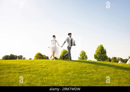 Sposo e sposo felici che corrono sull'erba Foto Stock