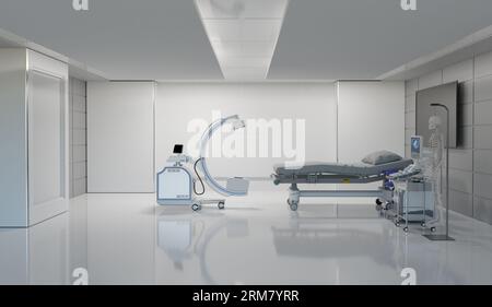 Camera medica pulita con braccio c e letto d'ospedale, rendering illustrazioni 3d Foto Stock