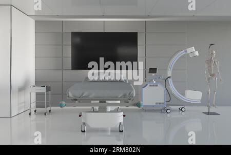 Sala radiologica con mock-up dello schermo TV, rendering illustrazioni 3d. Foto Stock