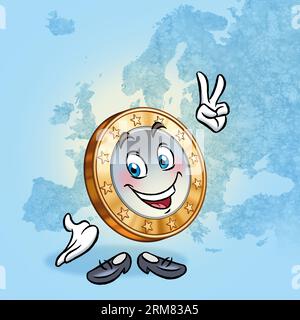 Serie di illustrazioni: Divertente personaggio del cartone animato Euro Coin. Immagine 10 di 25 Foto Stock