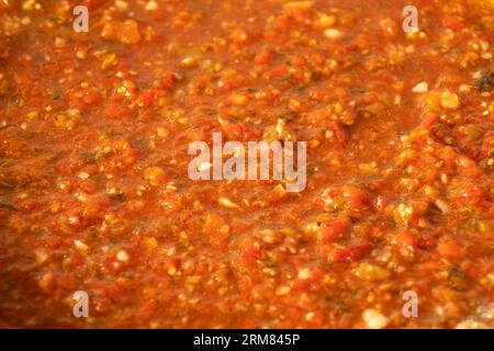 Adjika rosso piccante con peperoni e pomodori come sfondo, salsa, adjika bollita fatta in casa Foto Stock