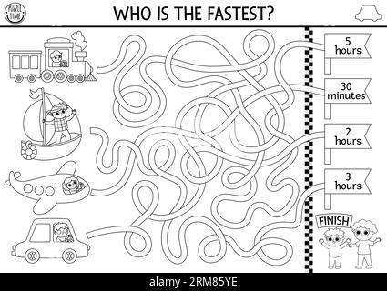 Trasporto labirinto bianco e nero per bambini con auto, treno, barca, aereo. Attività di stampa prescolastica della gara di trasporto di linea. Gioco Labyrinth o. Illustrazione Vettoriale