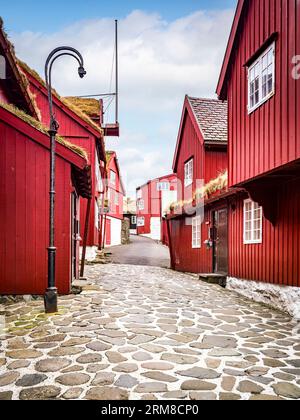 Edifici in stile tradizionale con tetti in erba a Tinganes, l'area della città vecchia di Torshavn, capitale delle Isole Faroe. Foto Stock