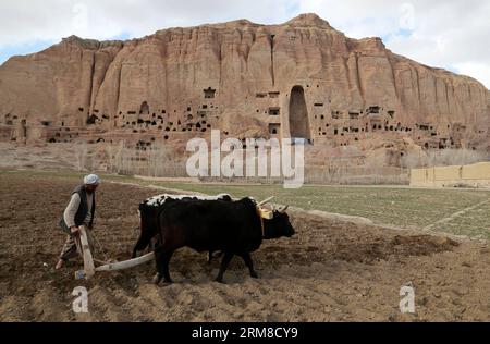 (140409) -- BAMYAN, 9 aprile 2014 (Xinhua) -- un agricoltore afghano ara un campo di patate con mucche nella provincia di Bamyan, Afghanistan, il 9 aprile 2014. (Xinhua/Kamran) AFGHANISTAN-BAMYAN-AGRICULTURE PUBLICATIONxNOTxINxCHN Bamyan 9 aprile 2014 XINHUA ad afghano coltivatore arare un campo di patate con mucche nella provincia di Bamyan Afghanistan IL 9 aprile 2014 XINHUA Kamran Afghanistan Bamyan Agriculture PUBLICATIONxNOTxINxCHN Foto Stock