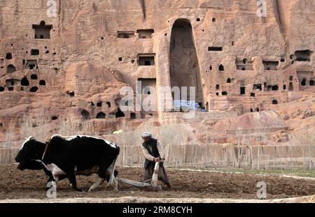 (140409) -- BAMYAN, 9 aprile 2014 (Xinhua) -- un agricoltore afghano ara un campo di patate con mucche nella provincia di Bamyan, Afghanistan, il 9 aprile 2014. (Xinhua/Kamran) AFGHANISTAN-BAMYAN-AGRICULTURE PUBLICATIONxNOTxINxCHN Bamyan 9 aprile 2014 XINHUA ad afghano coltivatore arare un campo di patate con mucche nella provincia di Bamyan Afghanistan IL 9 aprile 2014 XINHUA Kamran Afghanistan Bamyan Agriculture PUBLICATIONxNOTxINxCHN Foto Stock