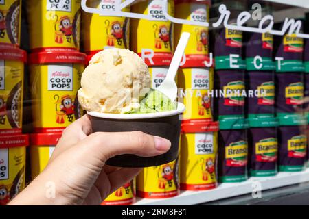 Gelato di piselli surgelati Warburtons Crumpets and Birds Eye presso l'Anya Hindmarch Ice Cream Project, Londra, Inghilterra Foto Stock