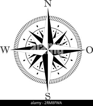 Bussola vettore rosa con quattro direzioni del vento e descrizione tedesca est. Wind Rose con struttura a cordoncino astratto e rosa a sedici punte. Illustrazione Vettoriale