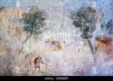 Sito archeologico di Pompei, Campania, Italia. Affresco di un duello o scena di battaglia. Casa del Frutteto. Orchard House. Pompei, Ercolano e Torre Foto Stock