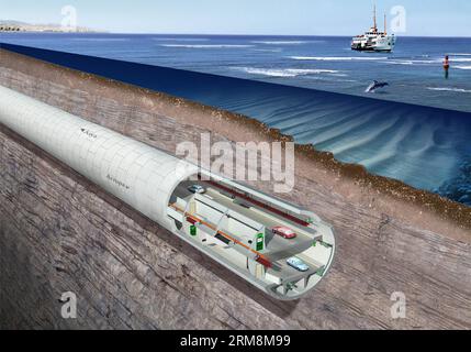 (140419) -- ISTANBUL, 19 aprile 2014 (Xinhua) -- il diagramma schematico del progetto del tunnel sottomarino Eurasia è mostrato a Istanbul il 19 aprile 2014. Sabato a Istanbul si è tenuta la cerimonia di inaugurazione del progetto di tunnel sottomarino Eurasia. Il progetto del tunnel è lungo 5,4 chilometri. Il tempo di viaggio di 15 minuti tra entrambi i lati faciliterà notevolmente la congestione del traffico di Istanbul. (Xinhua/Cihan) TURCHIA-ISTANBUL-EURASIA TUNNEL-SUB-SEA PUBLICATIONxNOTxINxCHN Istanbul 19 aprile 2014 XINHUA la carta schematica del progetto Eurasia Sub Sea Tunnel Project È mostrata a Istanbul IL 19 aprile 2014 l'Eurasi Foto Stock