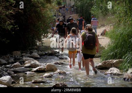 (140419) -- GERICO, 19 aprile 2014 (Xinhua) -- i turisti si lanciano nella primavera di Ein Fara, la sorgente superiore di Wadi Kelt, nella riserva naturale di Nahal Prat vicino alla città di Gerico in Cisgiordania il 19 aprile 2014. Il Wadi Kelt è una valle che corre da ovest a est attraverso il deserto della Giudea in Cisgiordania, originandosi vicino a Gerusalemme e terminando vicino a Gerico. (Xinhua/Mamoun Wazwaz) MIDEAST-JERICHO-WADI KELT PRIMAVERA-TURISTI PUBLICATIONxNOTxINxCHN Jericho 19 aprile 2014 turisti XINHUA Calf nella Primavera di a Fara la sorgente superiore di Wadi Kelt nella riserva naturale di Nahal Prat vicino alla città di Jer sulla sponda OCCIDENTALE Foto Stock