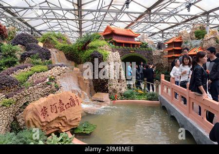 (140420) -- SHOUGUANG, 20 aprile 2014 (Xinhua) -- le persone camminano davanti a un paesaggio in miniatura fatto di verdure durante la 15a fiera internazionale della Cina (Shouguang) a Shouguang, nella provincia di Shandong della Cina orientale, 20 aprile 2014. La fiera annuale è iniziata a Shouguang, il più grande fornitore di verdure di Pechino, capitale della Cina, domenica. La fiera, che ha attirato espositori da oltre 20 paesi e regioni, durerà fino a maggio 30. (Xinhua/Zhu Zheng) (wjq) CHINA-SHANDONG-SHOUGUANG-VEGETERY FAIR (CN) PUBLICATIONxNOTxINxCHN Shouguang 20 aprile 2014 le celebrità di XINHUA camminano davanti a M Foto Stock