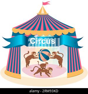 Striscione Circus, sfondo con tenda, scimmie giocano con una palla. Illustrazione vettoriale. Illustrazione Vettoriale