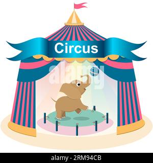 Striscione Circus, sfondo con tenda, elefante bambino che gioca con una palla. Illustrazione vettoriale. Illustrazione Vettoriale